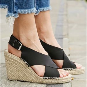 Black Distressed Leather Wedge Espadrille Sandals